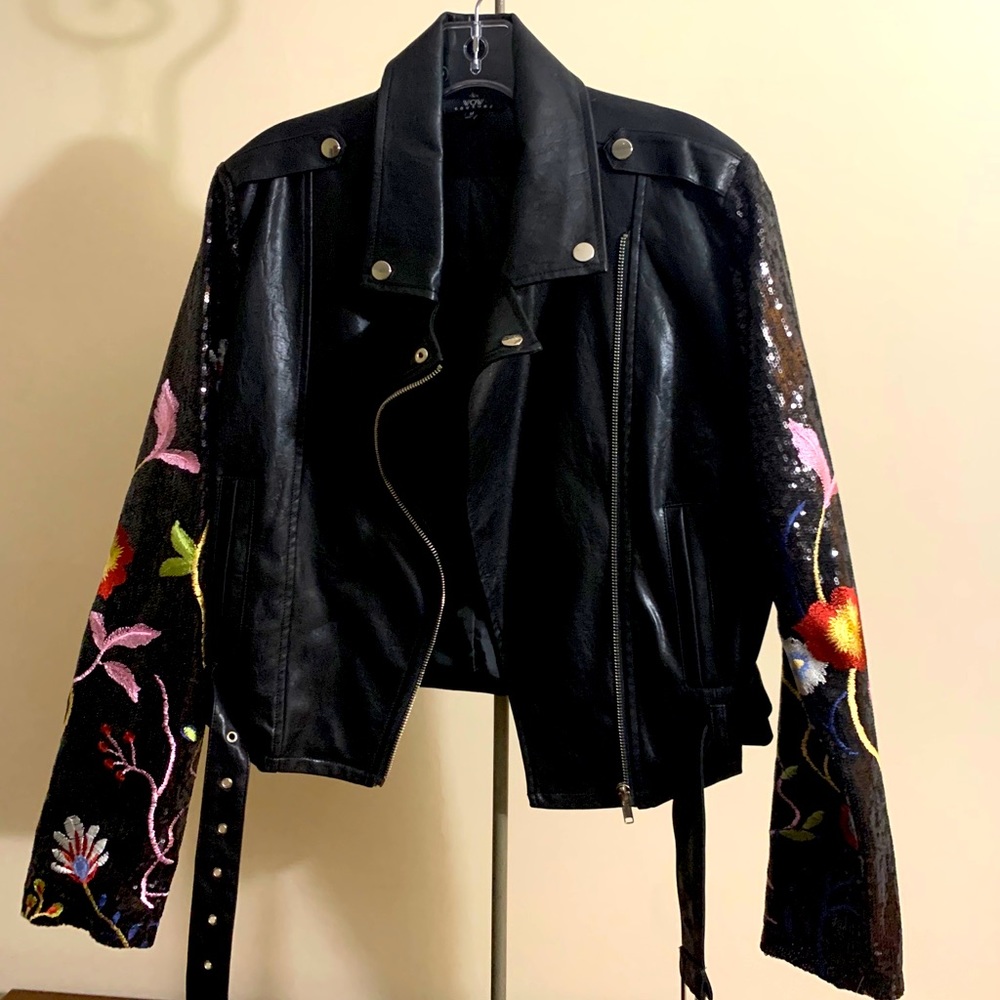 Faux leather jacket with black sequenced sleeves